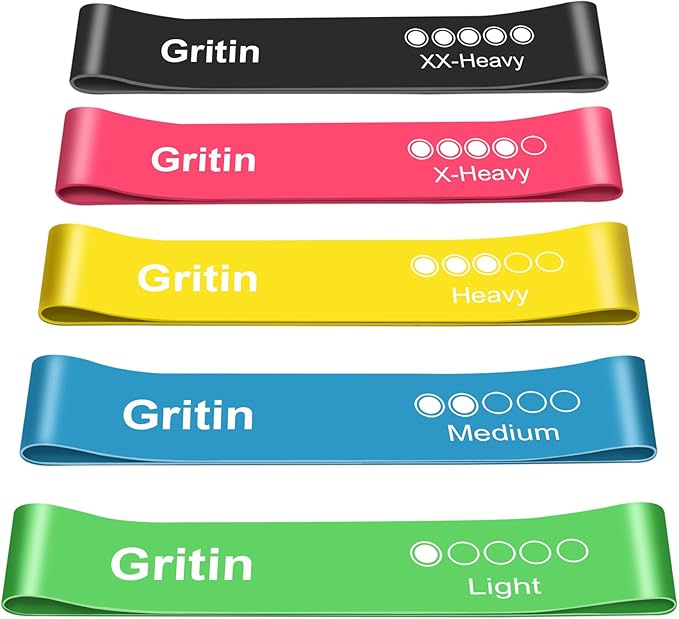 Gritin Resistance Bands, Set of 5 Skin-Friendly Resistance Fitness Exercise Loop Bands with 5 Different Strength Levels - Carrying Case Included - Ideal for Home, Gym, Yoga, Training
