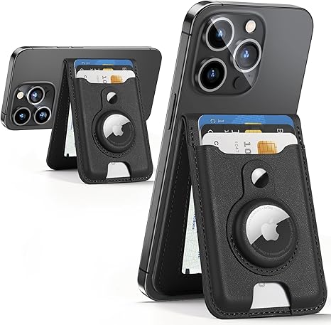 for Magsafe Wallet with Airtag Holder, Magnetic Wallet for iPhone 16/15/14/13/12 Series, 6 Cards Holder, ID Window, Adjustable Stand, Vegan Leather, RFID Blocking, 3 Slots, Black