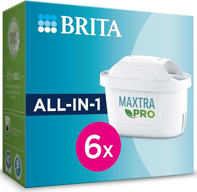 BRITA MAXTRA PRO All-in-1 Water Filter Cartridge 6 Pack (New) - Original BRITA Refill reducing impurities, Chlorine, PFAS, pesticides and limescale for tap Water with Better Taste (Packing May Vary)