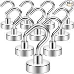 Neosmuk Magnetic Hooks,30lb+ Heavy Duty Earth Magnets with Hook for Refrigerator, Extra Strong Cruise Hook for Hanging, Magnetic Hanger for Cabins, Grill (Silver White, Pack of 10)