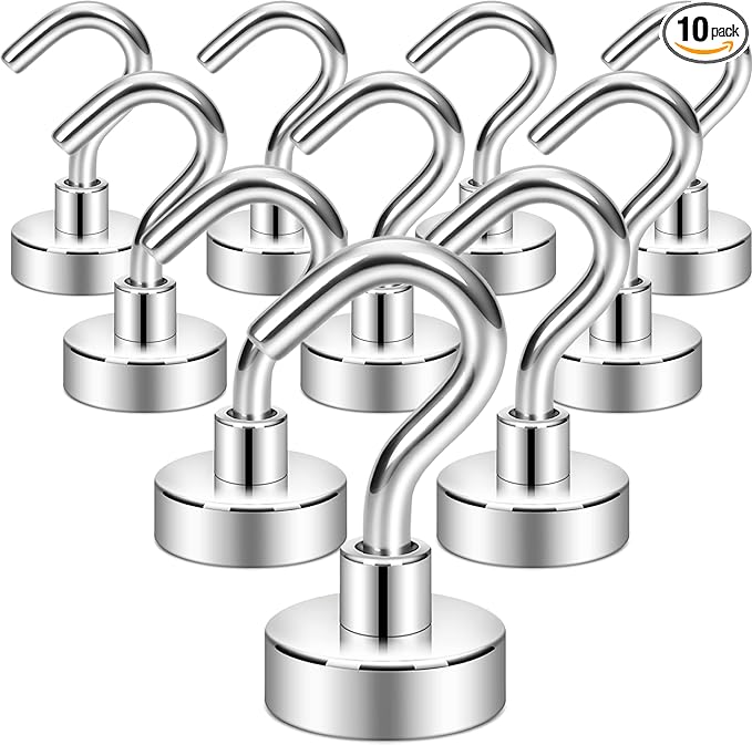 Neosmuk Magnetic Hooks,30lb+ Heavy Duty Earth Magnets with Hook for Refrigerator, Extra Strong Cruise Hook for Hanging, Magnetic Hanger for Cabins, Grill (Silver White, Pack of 10)