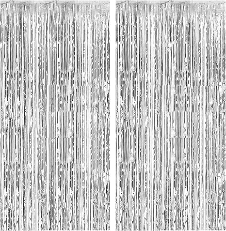 2 Pack Foil Curtain Backdrop Silver Metallic Tinsel Foil Fringe Curtains Photo Booth Props for Birthday Wedding Engagement Baby Shower Bachelorette Christmas Holiday Celebration Party Decorations