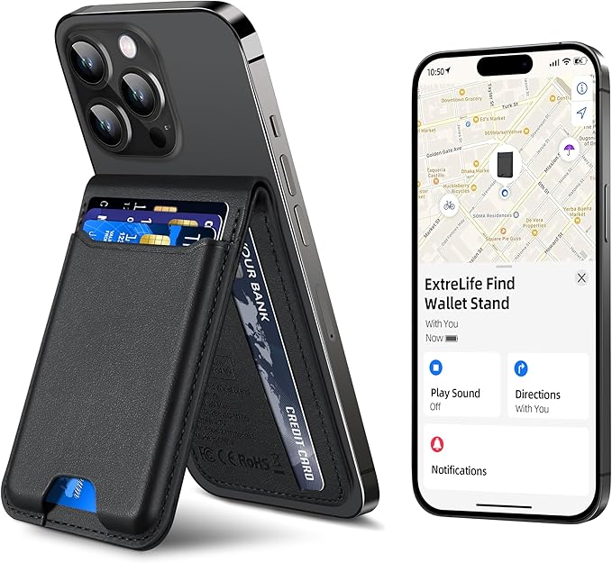 for Magsafe Wallet, Works with Apple Find My, Strongest Magnetic Wallet for iPhone 16/15/14/13/12 Series, for iPhone Wallet with Adjustable Stand, Wallet Tracker, 6 Cards Holder, Vegan Leather, Black